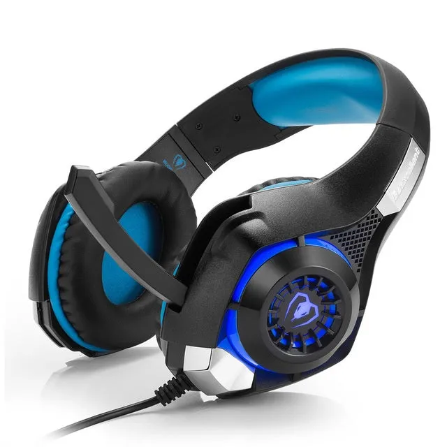 Beexcellent GM-1 gaming headset with blue LED lights, padded ear cups, and braided cord on a desk