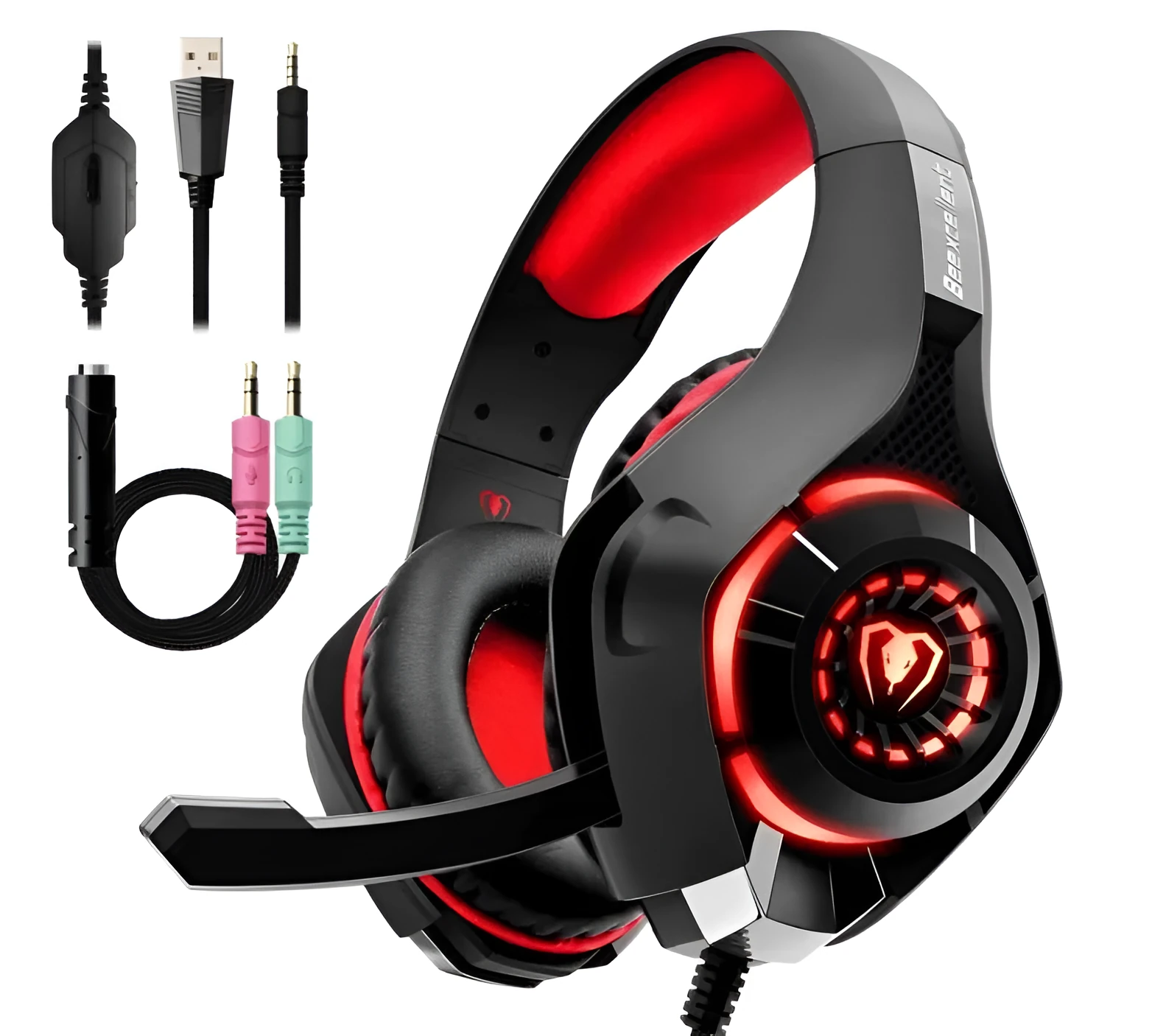 Beexcellent GM-1 gaming headset with blue LED lights, padded ear cups, and braided cord on a desk