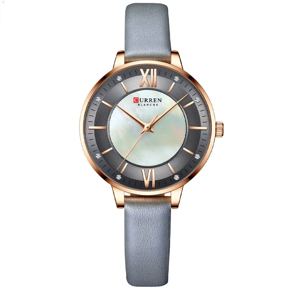 Ladies quartz watch with genuine leather belt, 35mm round dial, rose shell case, and titanium buckle