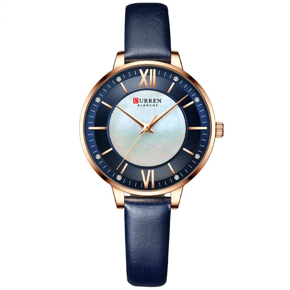 Ladies quartz watch with genuine leather belt, 35mm round dial, rose shell case, and titanium buckle