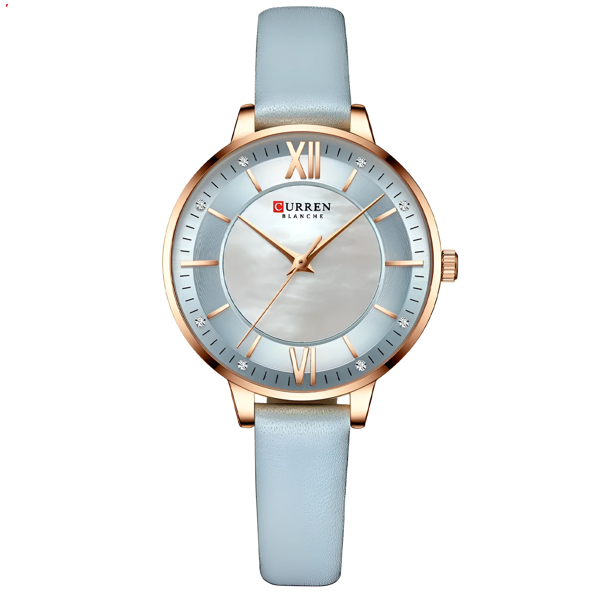 Ladies quartz watch with genuine leather belt, 35mm round dial, rose shell case, and titanium buckle
