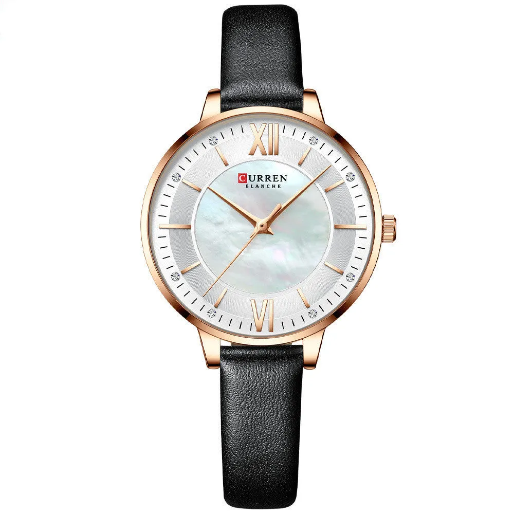 Ladies quartz watch with genuine leather belt, 35mm round dial, rose shell case, and titanium buckle