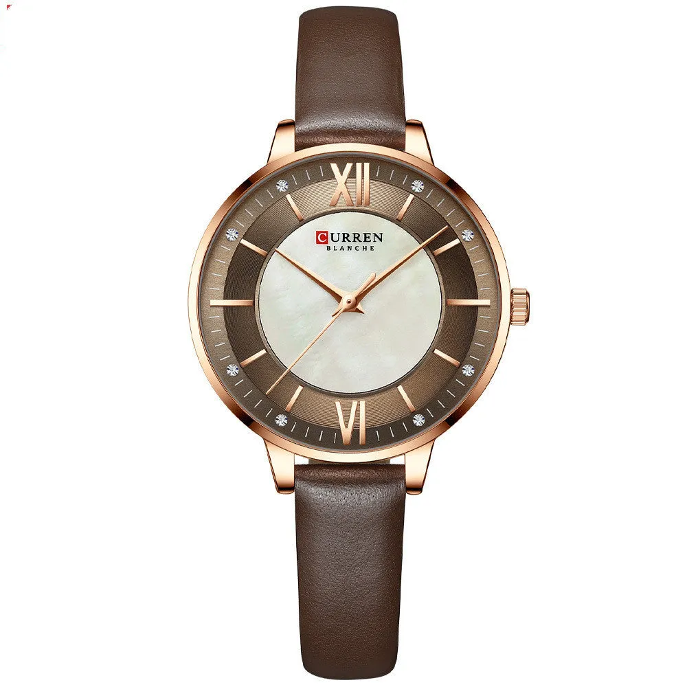 Ladies quartz watch with genuine leather belt, 35mm round dial, rose shell case, and titanium buckle