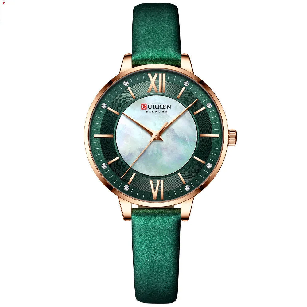 Ladies quartz watch with genuine leather belt, 35mm round dial, rose shell case, and titanium buckle
