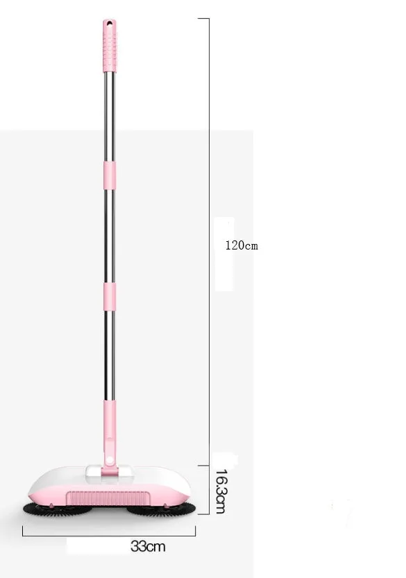 Pink hand push sweeper with rotating brush and mop attachment on tiled floor