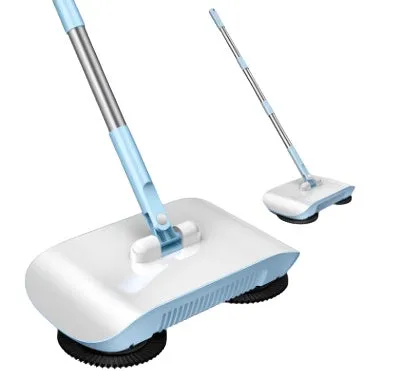 Pink hand push sweeper with rotating brush and mop attachment on tiled floor