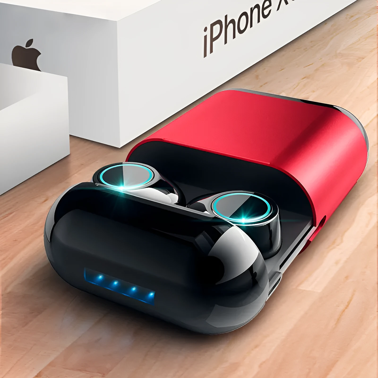 Black TWS Bluetooth wireless earbuds with charging case showing IP5X dust resistance rating