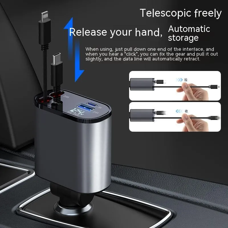 Metal car charger 100W with retractable cable and adjustable head on black background