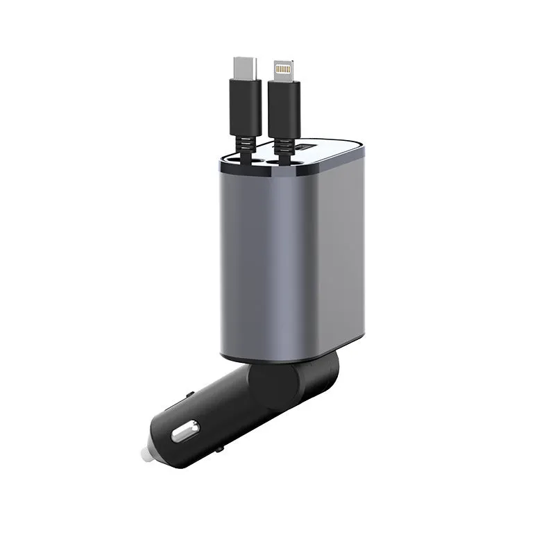 Metal car charger 100W with retractable cable and adjustable head on black background