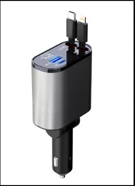 Metal car charger 100W with retractable cable and adjustable head on black background