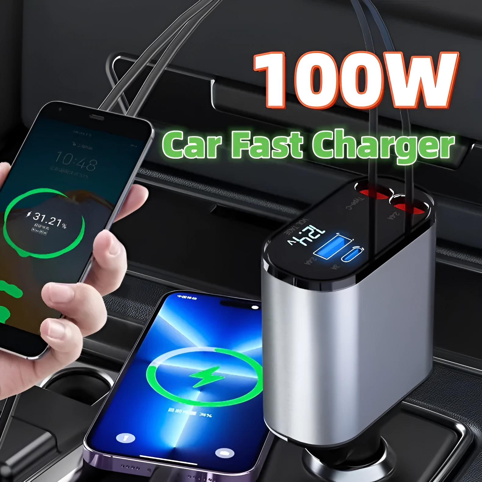 Metal car charger 100W with retractable cable and adjustable head on black background