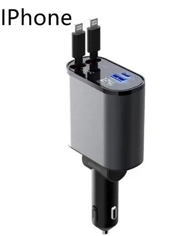 Metal car charger 100W with retractable cable and adjustable head on black background