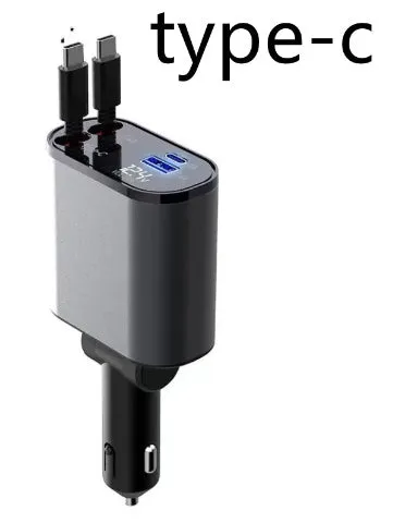 Metal car charger 100W with retractable cable and adjustable head on black background