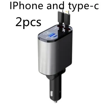 Metal car charger 100W with retractable cable and adjustable head on black background