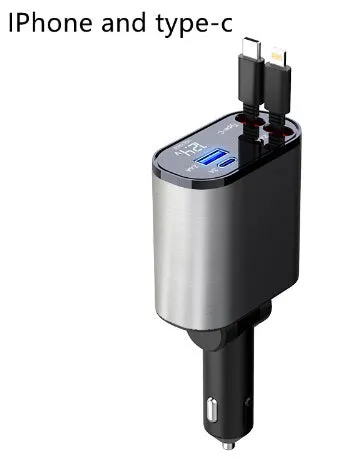 Metal car charger 100W with retractable cable and adjustable head on black background