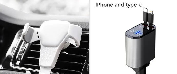 Metal car charger 100W with retractable cable and adjustable head on black background