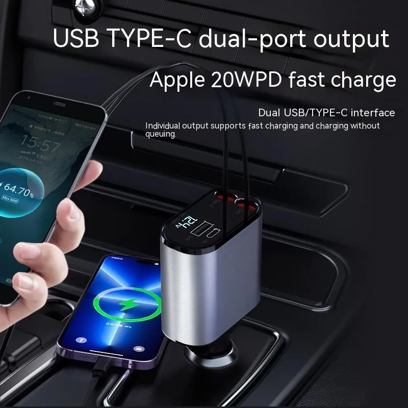 Metal car charger 100W with retractable cable and adjustable head on black background
