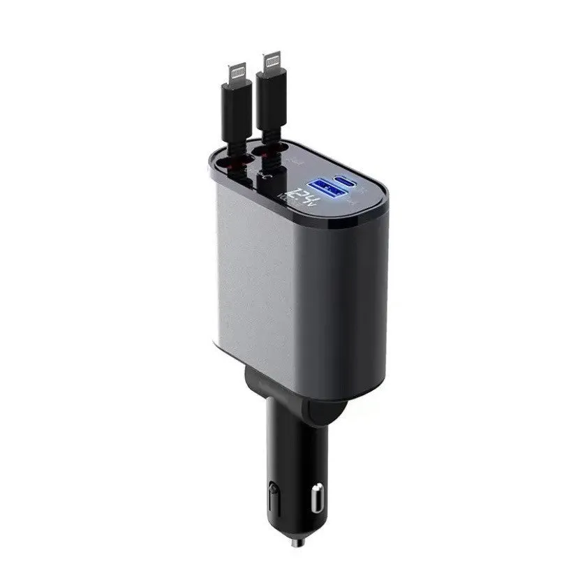 Metal car charger 100W with retractable cable and adjustable head on black background