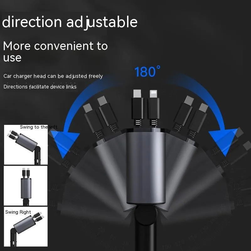 Metal car charger 100W with retractable cable and adjustable head on black background