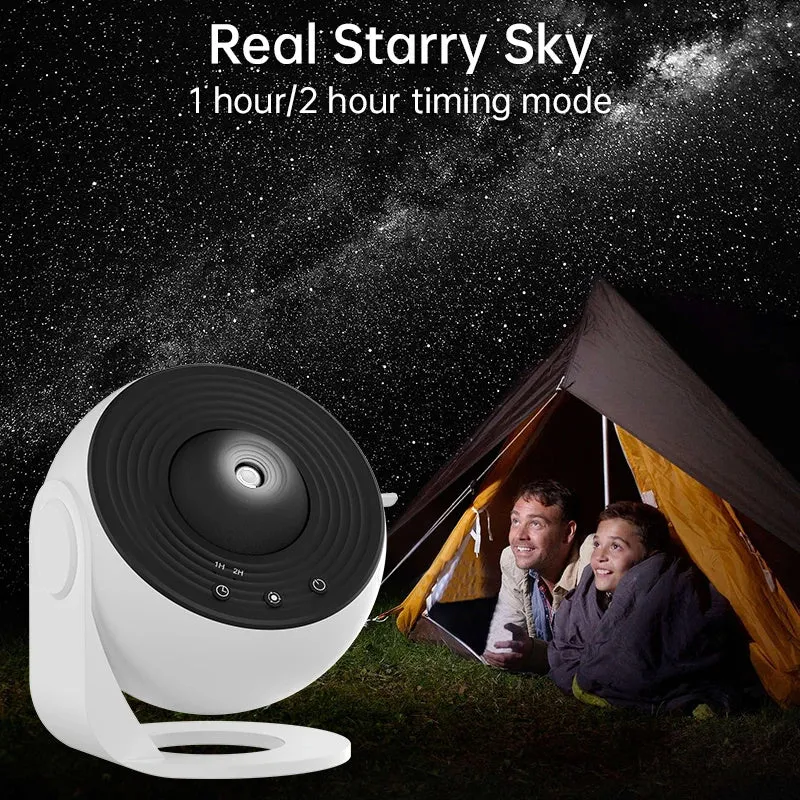 Black and white galaxy projector night light with 360-degree rotation, showing a starry sky film projection on a ceiling