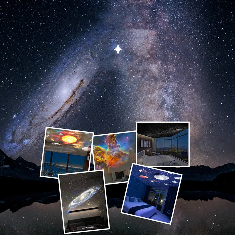 Black and white galaxy projector night light with 360-degree rotation, showing a starry sky film projection on a ceiling
