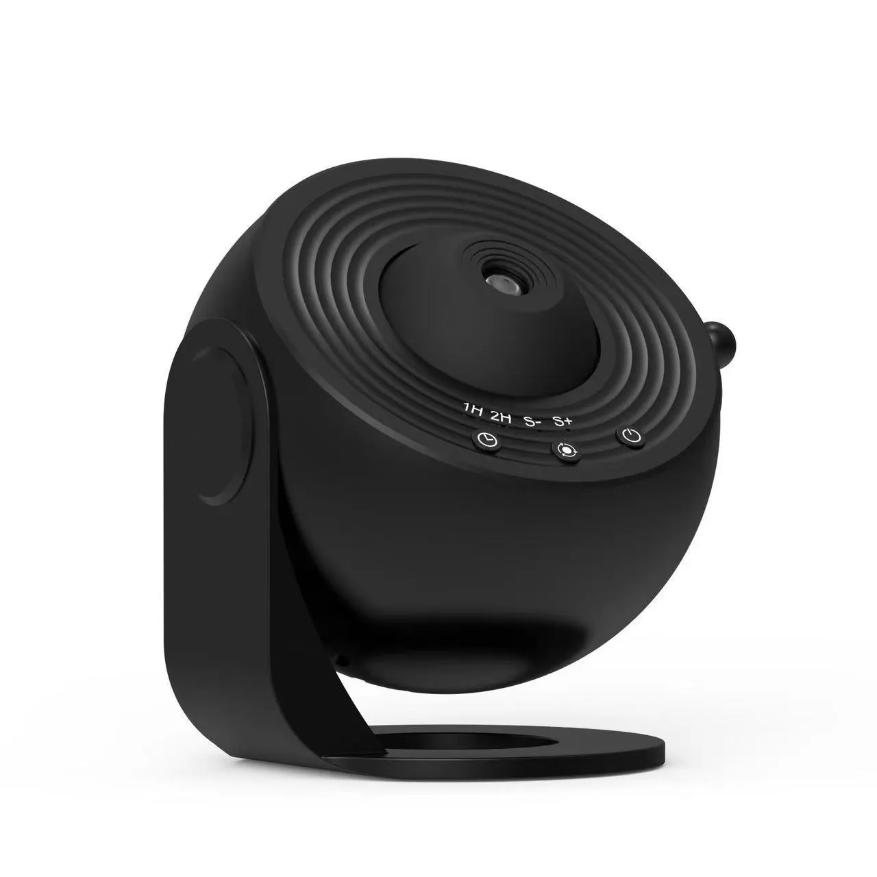 Black and white galaxy projector night light with 360-degree rotation, showing a starry sky film projection on a ceiling