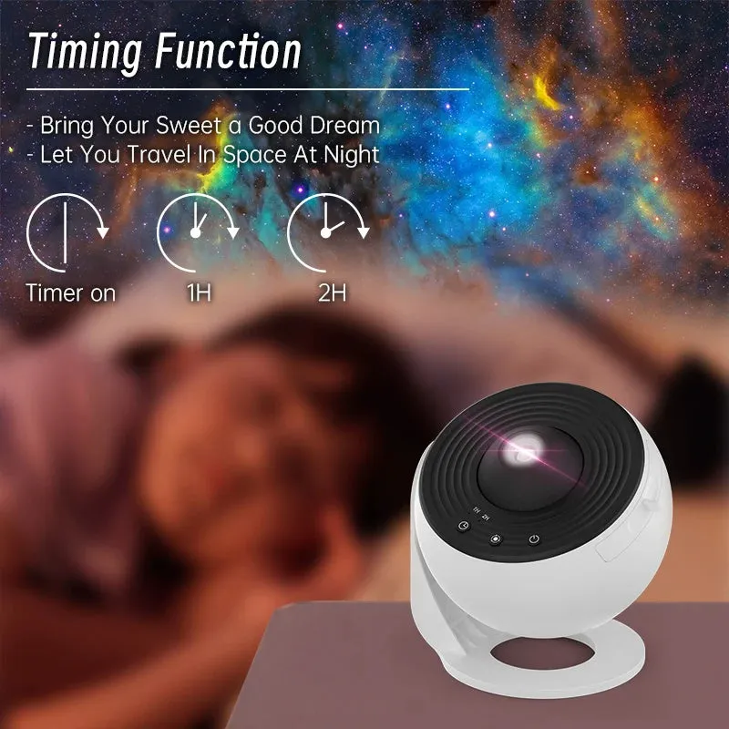 Black and white galaxy projector night light with 360-degree rotation, showing a starry sky film projection on a ceiling