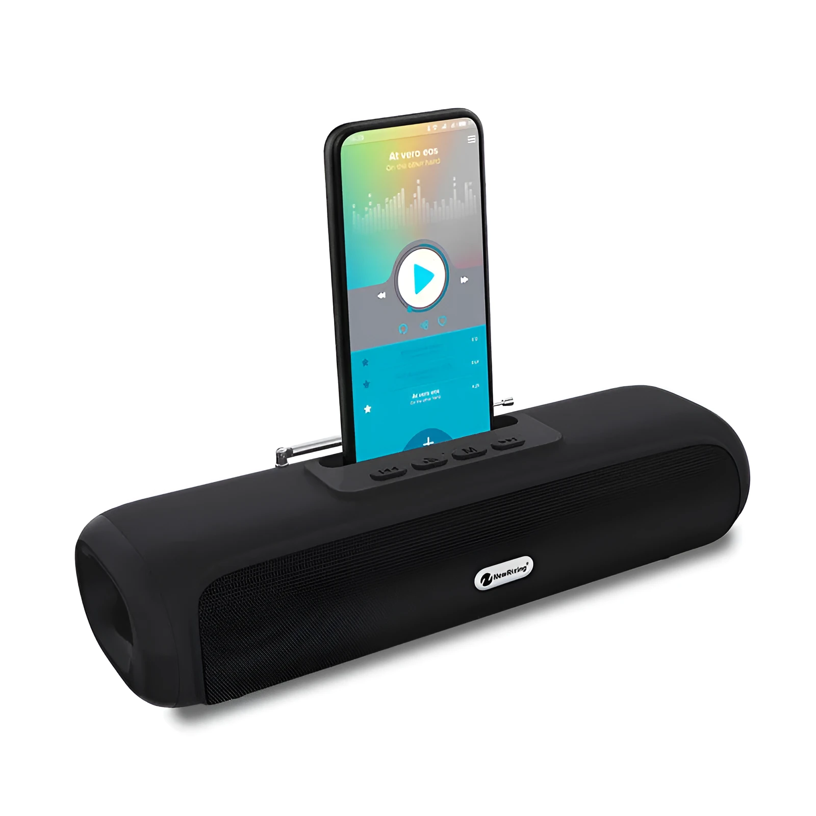 Desktop wireless Bluetooth speaker with long strip subwoofer in black, blue, red, or silver grey.