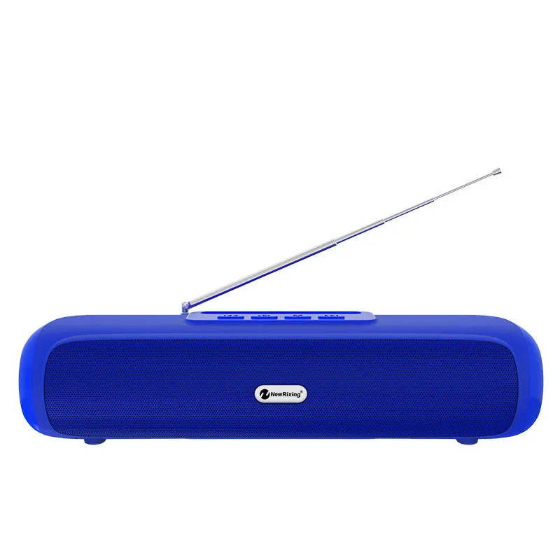 Desktop wireless Bluetooth speaker with long strip subwoofer in black, blue, red, or silver grey.