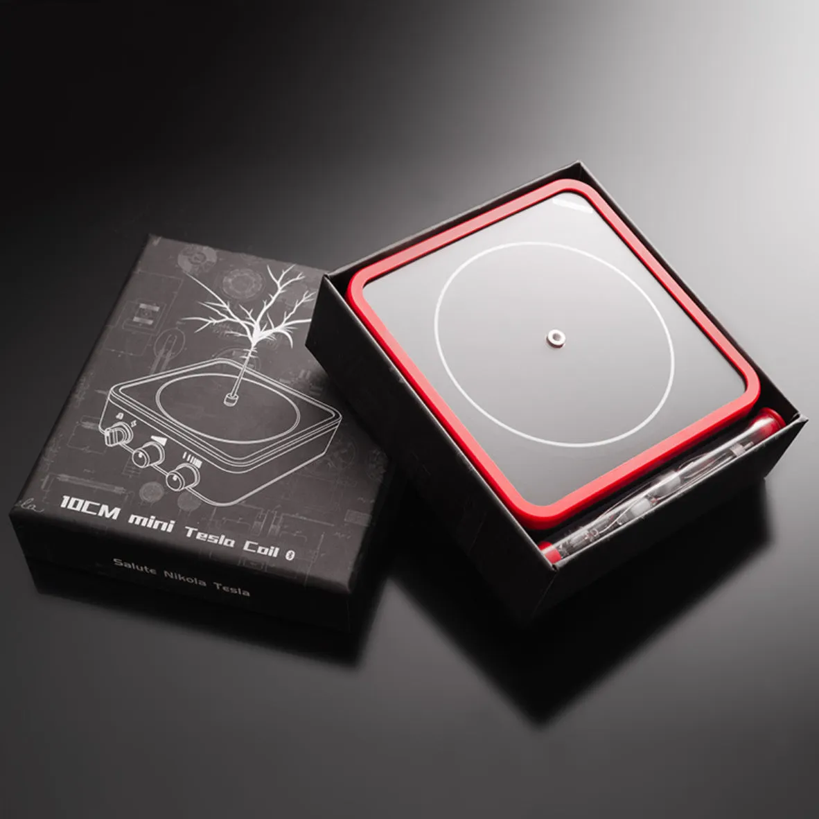 Music Tesla coil lightning speaker in black with Bluetooth connection, adjustable arc length, compact host