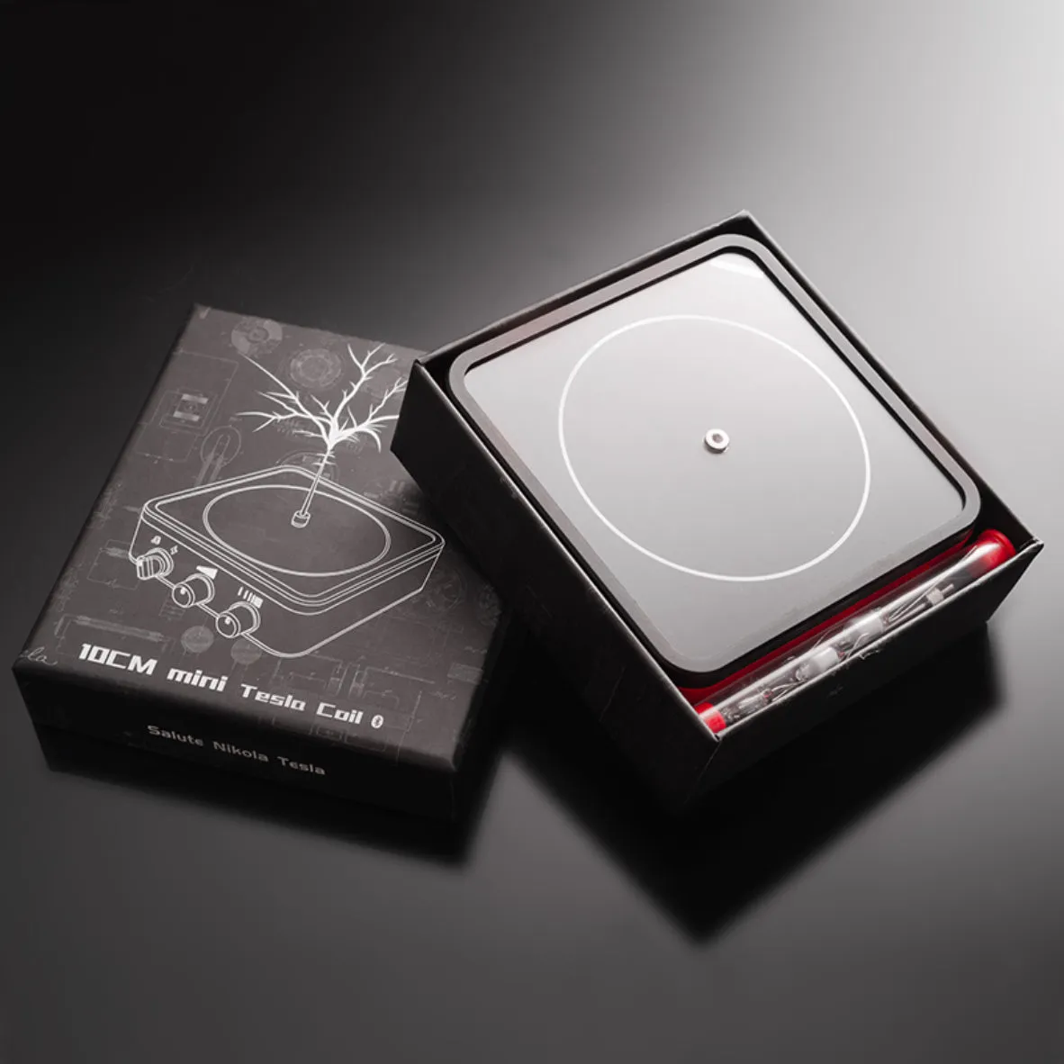 Music Tesla coil lightning speaker in black with Bluetooth connection, adjustable arc length, compact host