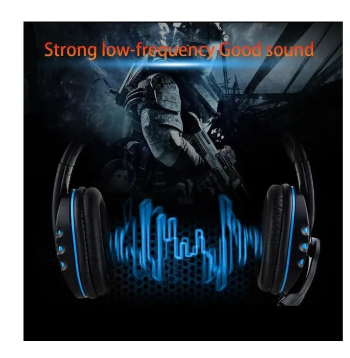 Warlord gaming headset wired with blue colour and soft PU leather earmuffs on black background