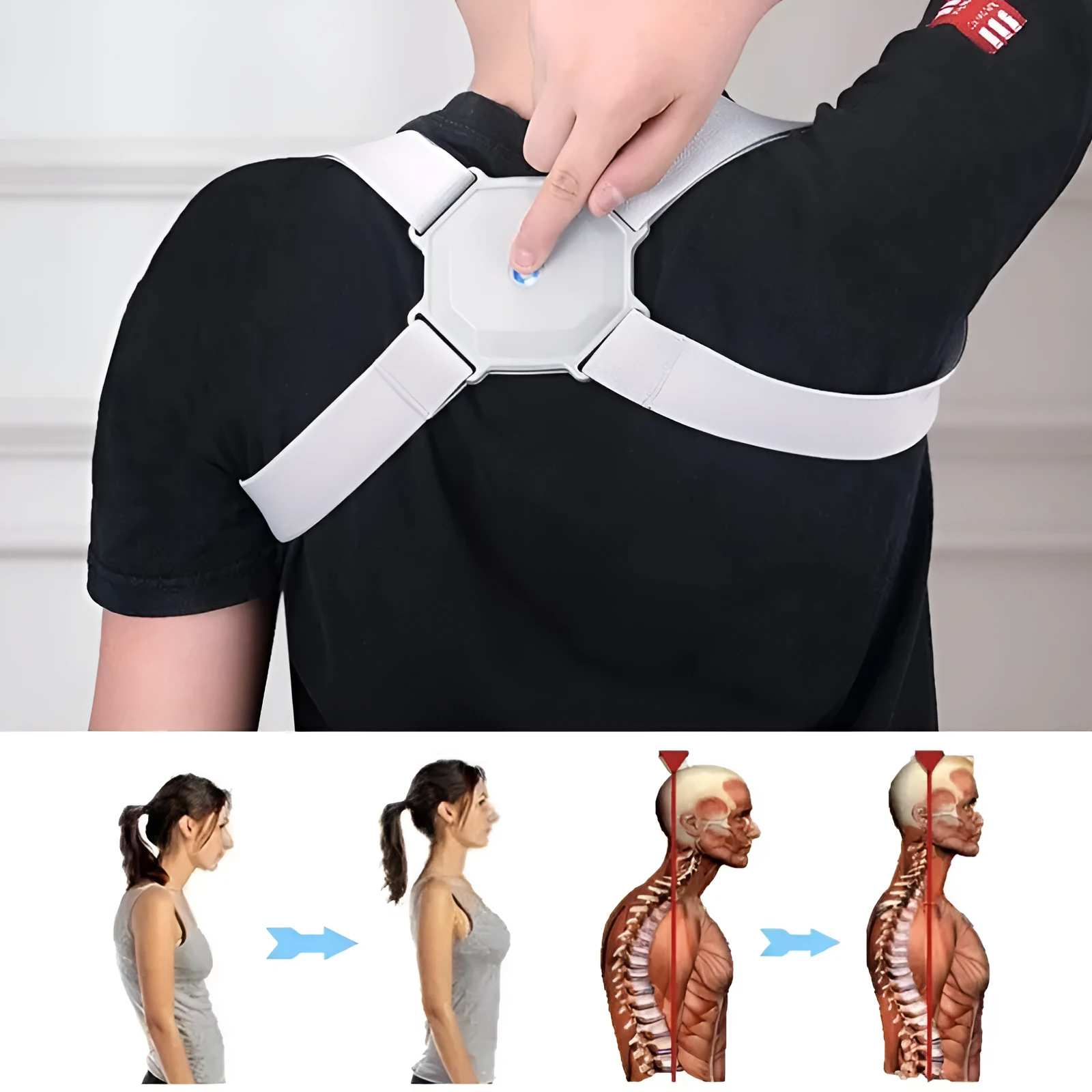 Smart posture corrector belt in gray packaging, adjustable for kids and adults, 210g