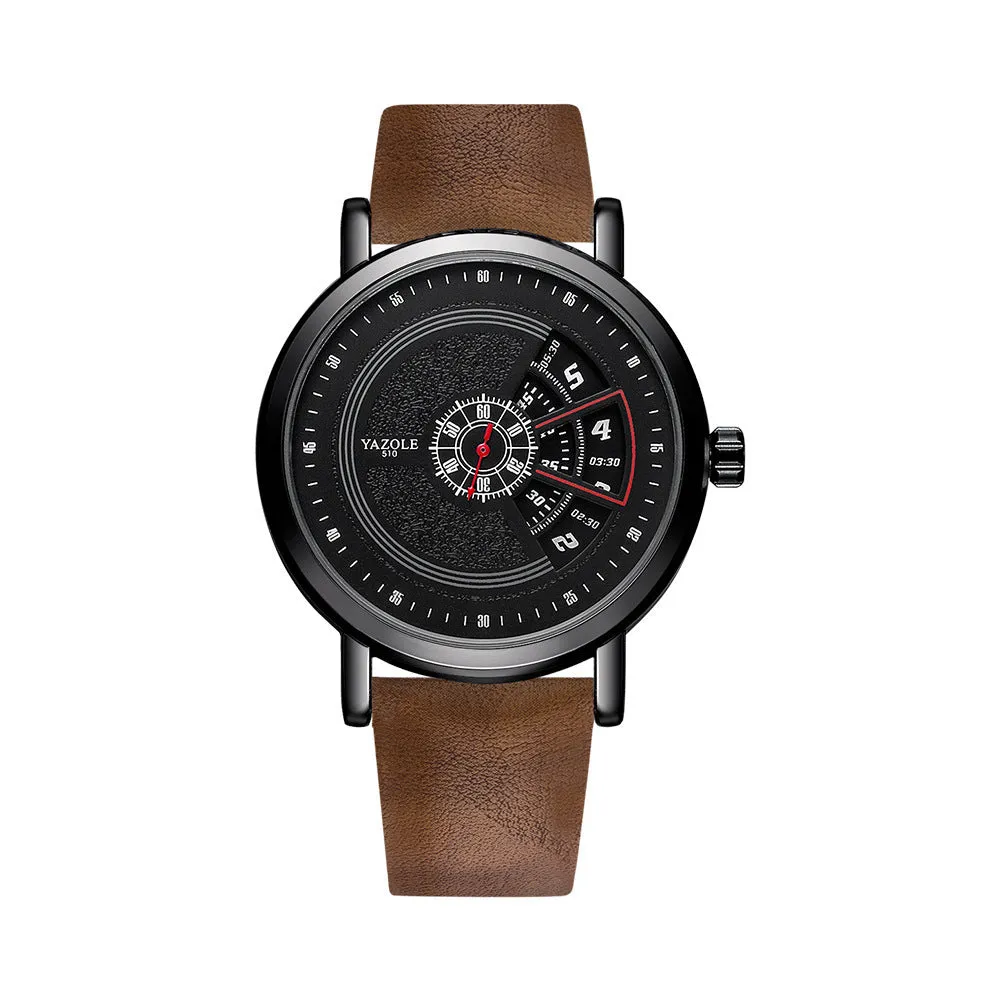 Men's turntable quartz watch with metal case, mineral glass, date display, and pin buckle strap