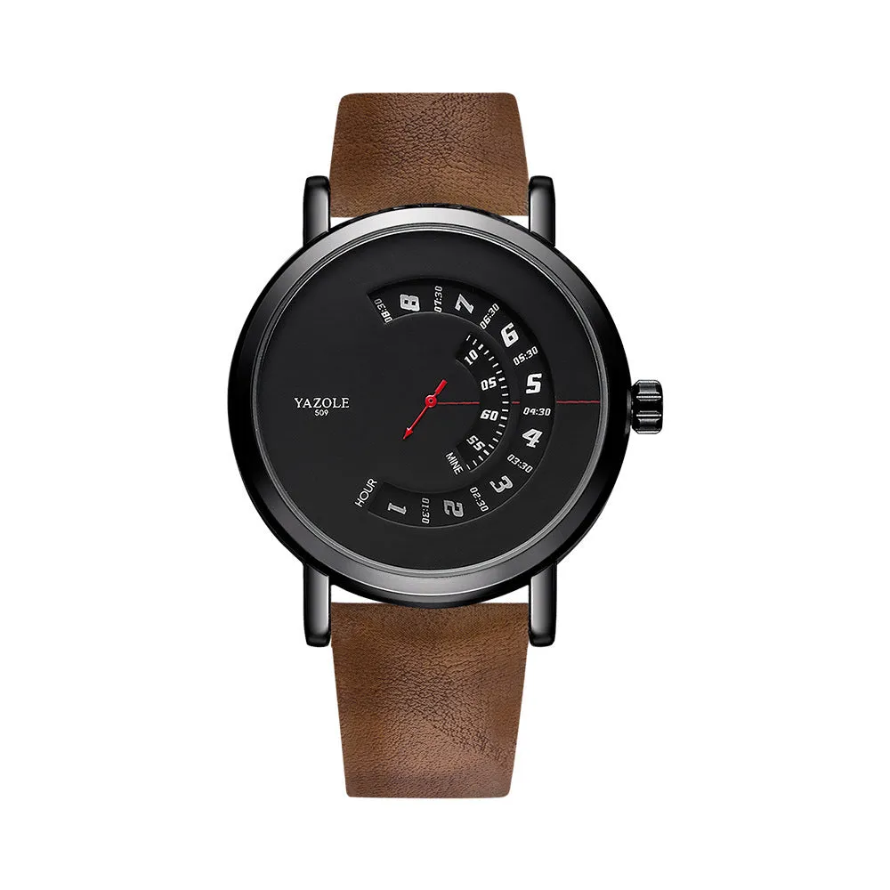 Men's turntable quartz watch with metal case, mineral glass, date display, and pin buckle strap