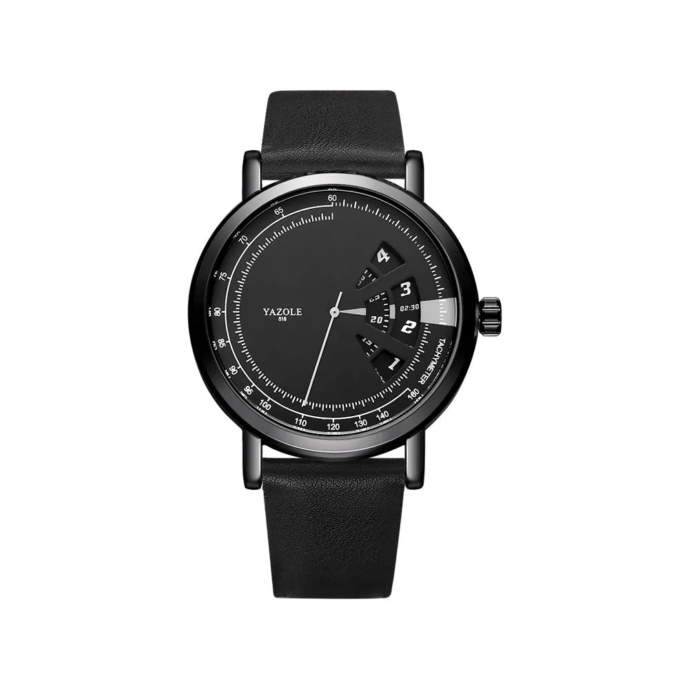 Men's turntable quartz watch with metal case, mineral glass, date display, and pin buckle strap
