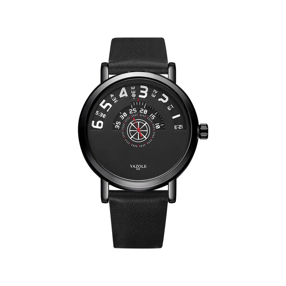 Men's turntable quartz watch with metal case, mineral glass, date display, and pin buckle strap
