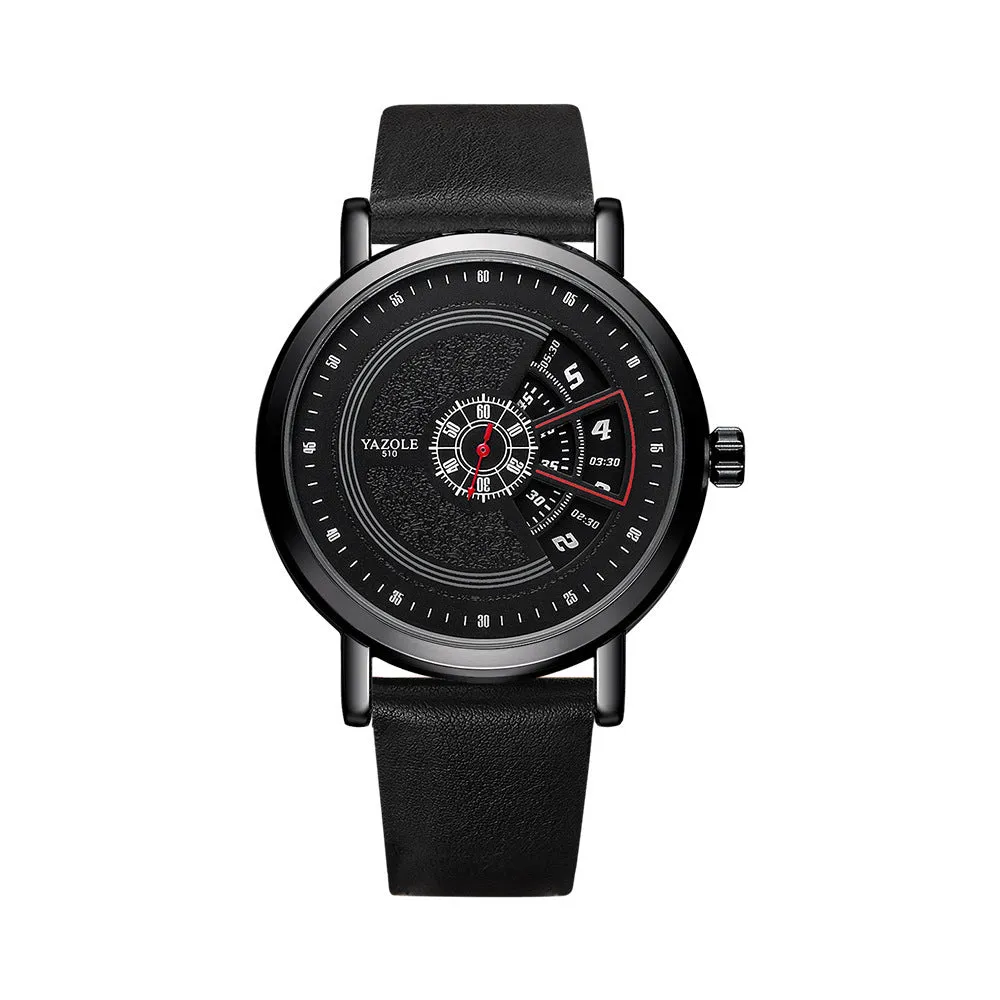 Men's turntable quartz watch with metal case, mineral glass, date display, and pin buckle strap