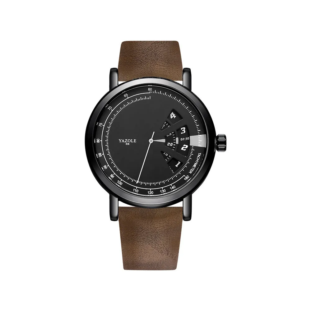Men's turntable quartz watch with metal case, mineral glass, date display, and pin buckle strap