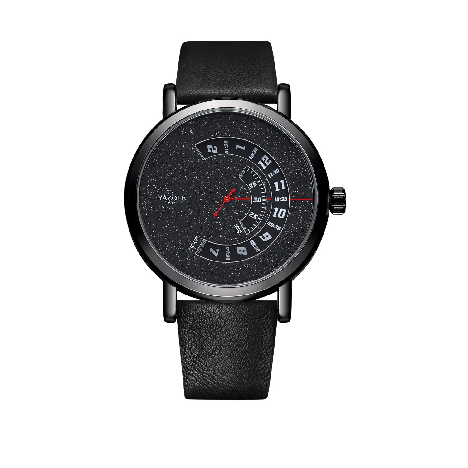 Men's turntable quartz watch with metal case, mineral glass, date display, and pin buckle strap