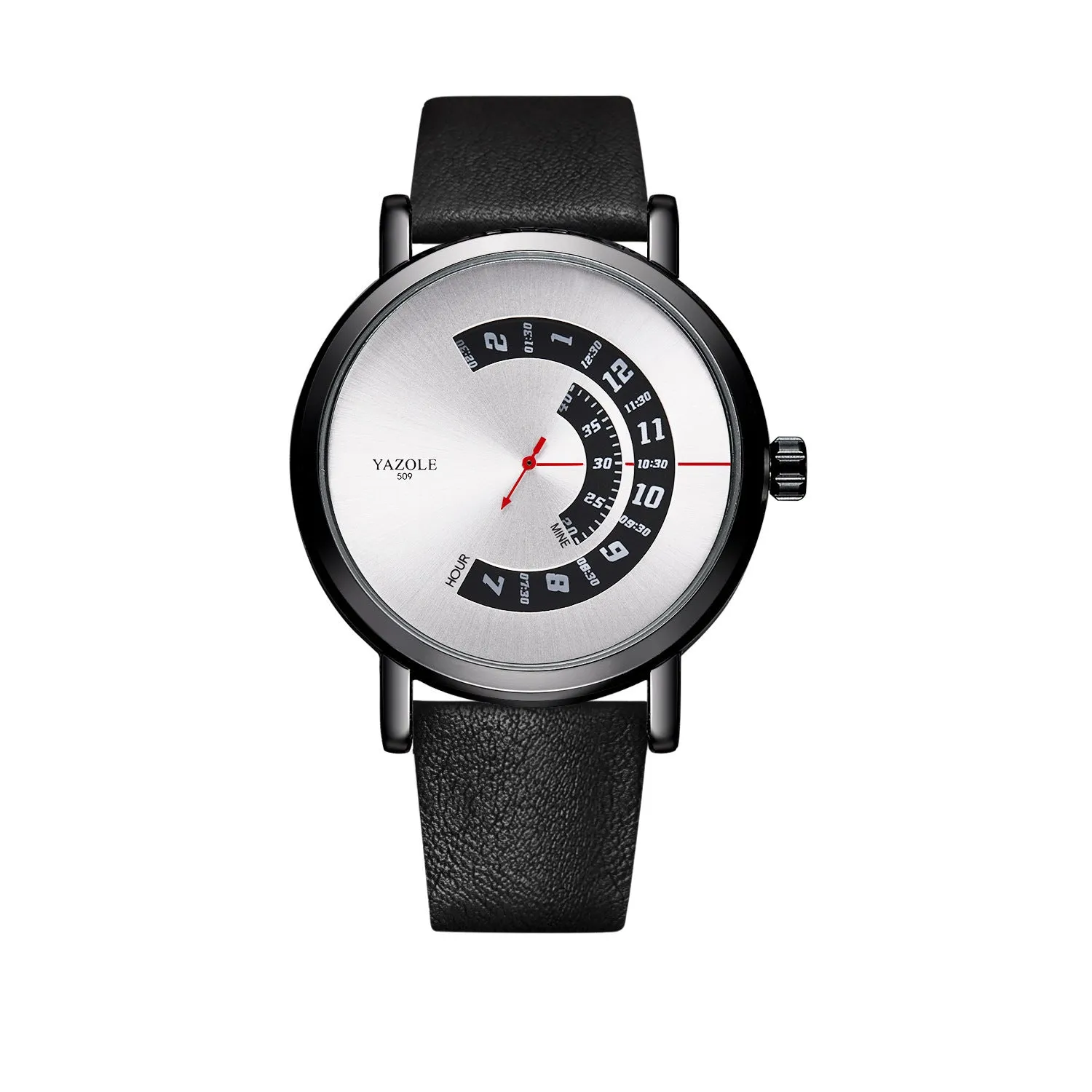Men's turntable quartz watch with metal case, mineral glass, date display, and pin buckle strap