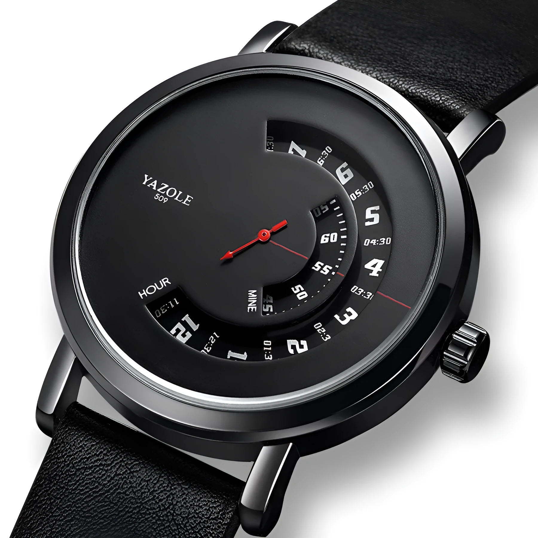 Men's turntable quartz watch with metal case, mineral glass, date display, and pin buckle strap