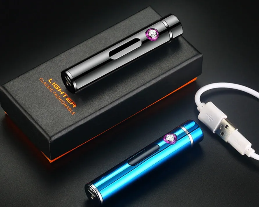 USB electronic cigarette lighter with metal cylindrical body, 8.4 x 1.4 cm, in black colour option