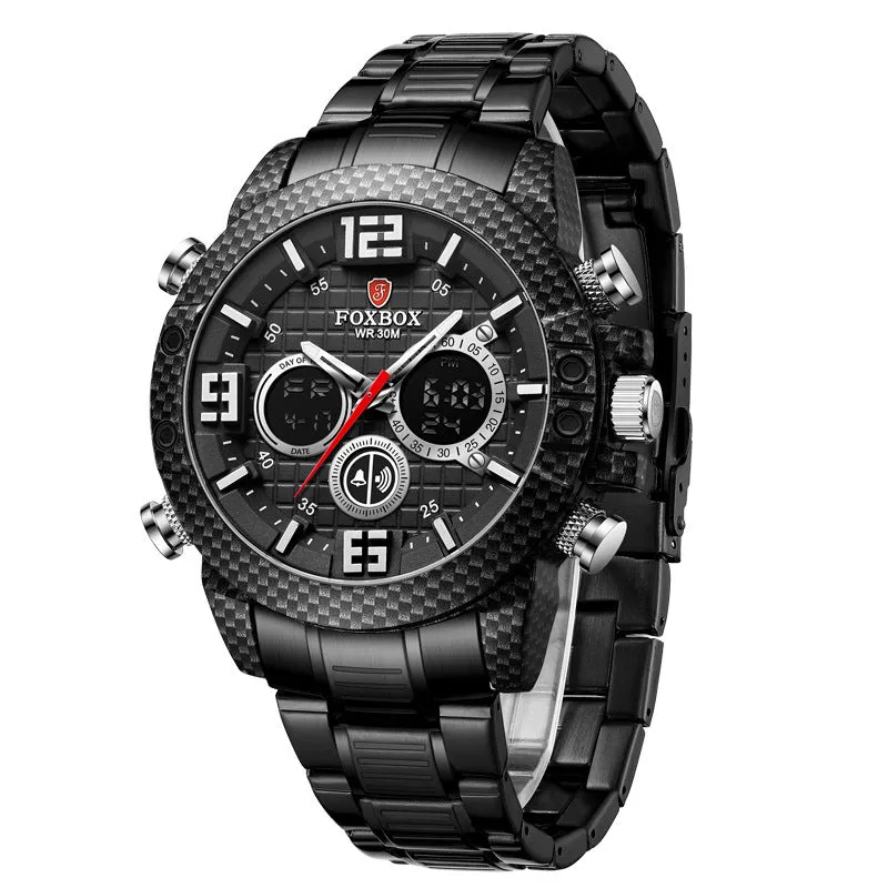Dual display electronic watch with luminous dial, 44mm alloy case, black colour