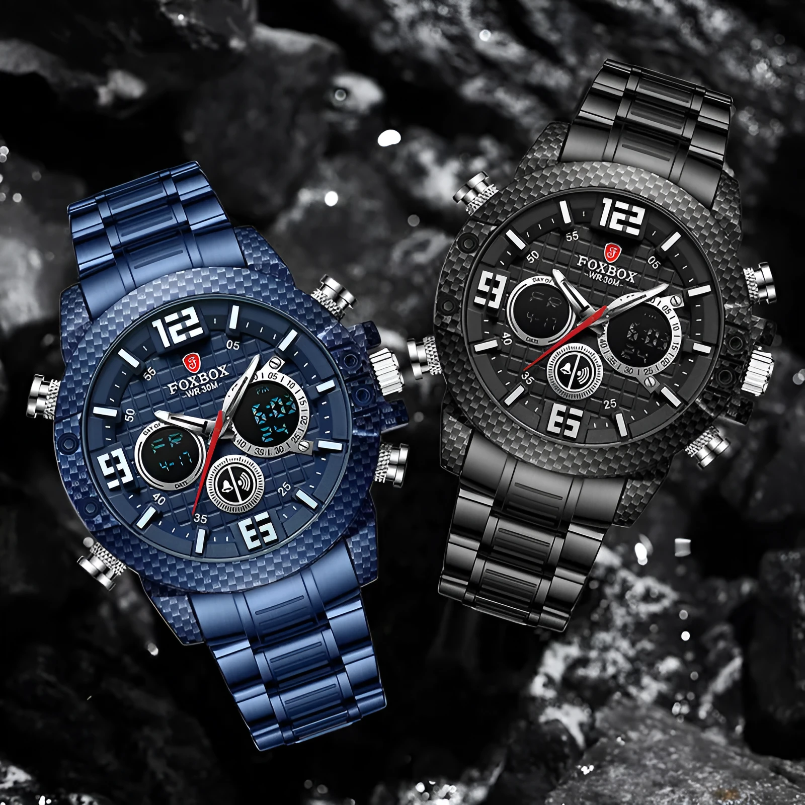Dual display electronic watch with luminous dial, 44mm alloy case, black colour