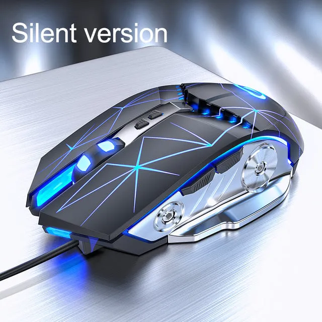 Wired gaming mouse in black with 7 buttons, USB cable, and adjustable DPI settings for desktop and notebook use
