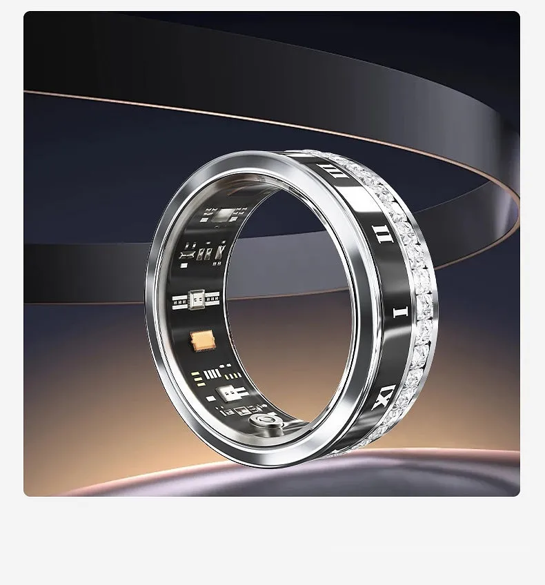Gold and silver diamond inlaid smart ring for health and blood oxygen tracking on a finger.