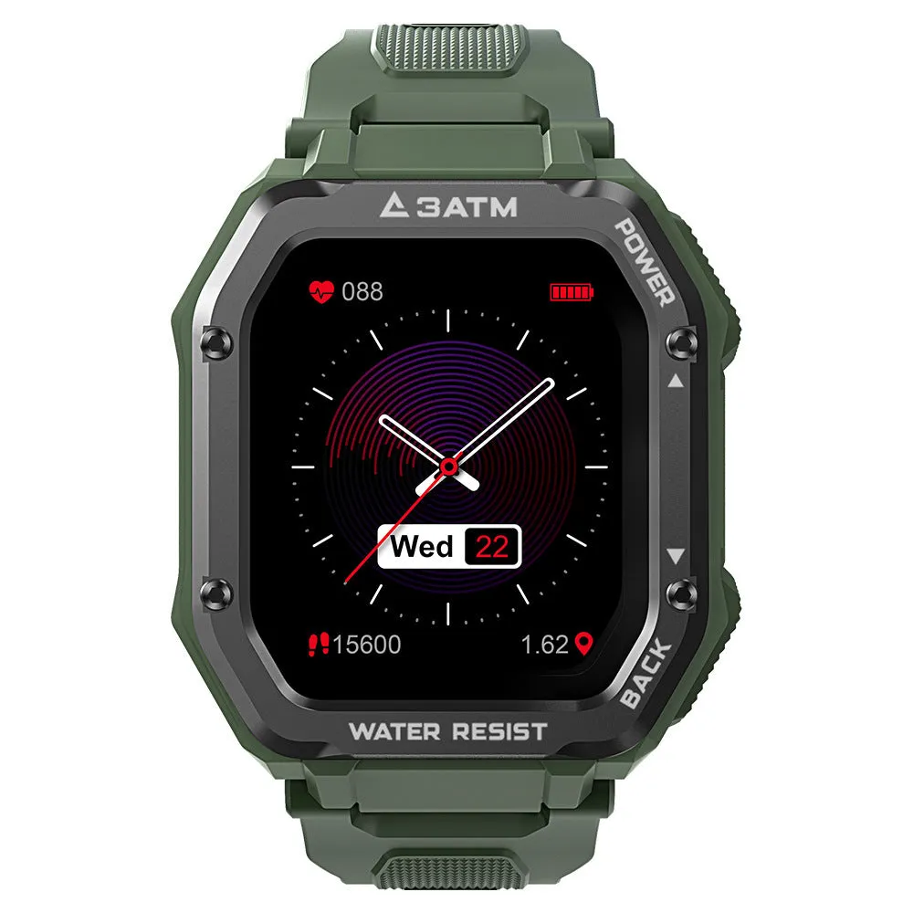 Rugged outdoor smart watch with 1.69-inch screen, silicone strap, black colour, showing sports mode display
