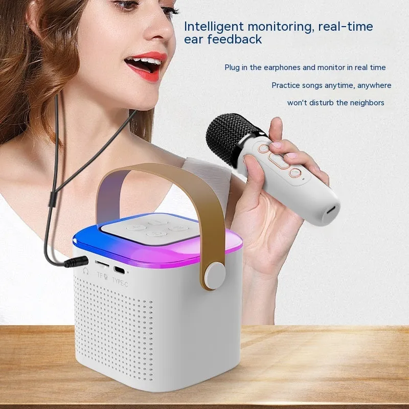 Bluetooth karaoke machine speaker with two wireless microphones and RGB light in pink, white, and blue models