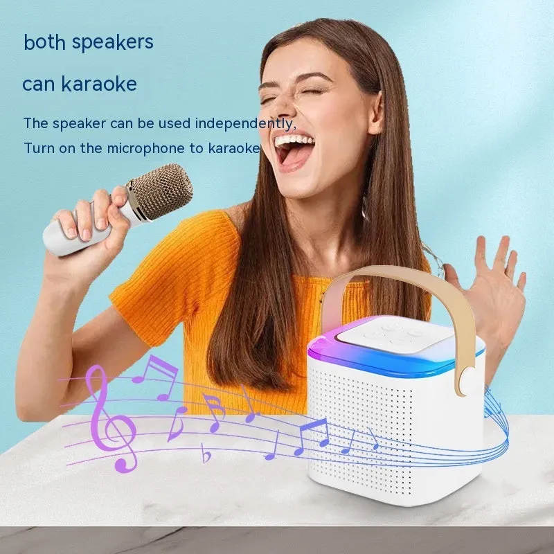 Bluetooth karaoke machine speaker with two wireless microphones and RGB light in pink, white, and blue models